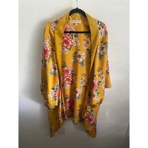 Paisley Raye Mustard Yellow Floral Kimono Duster Open Front Lightweight Size L
